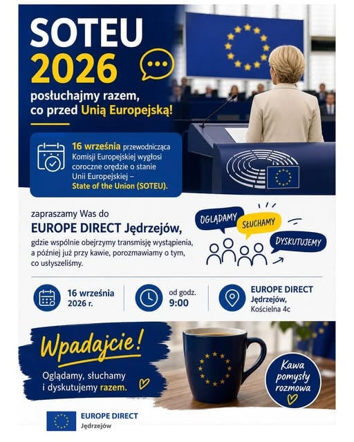 Grafika promująca wspólne oglądanie SOTEU 2026 w EUROPE DIRECT Jędrzejów